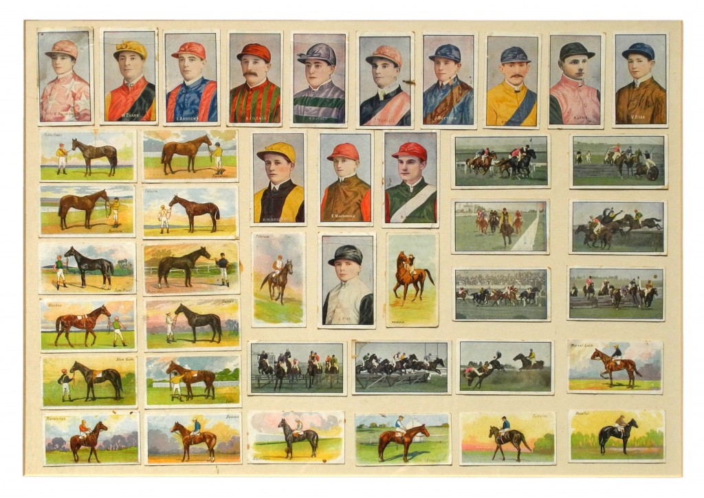 Cigarette cards from the 1930s featuring jockeys, including Jim Pike (centre in B&W silks) who rode Phar Lap to many famous victories. Mounting and framing the cards has greatly diminished their value.